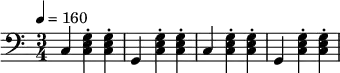 {\set Staff.midiInstrument=#"trumpet"\time3/4\tempo4=160\clef bass\repeat unfold2{c<c e g>-.<c e g>-.g,<c e g>-.<c e g>-.}}